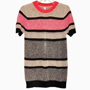 Halogen Striped Crochet Short Sleeve Sweater in Pink/Tan/Black Women’s S